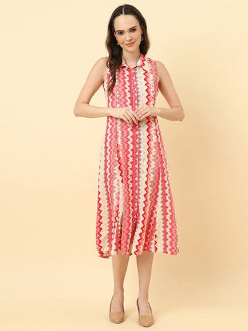 Varanga Women White & Pink Chevron Printed A-Line Dress